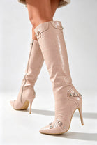 Nude Croc Knee High Pointed Toe Stiletto Heel Winter Boots