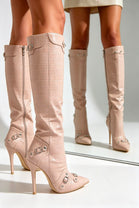 Nude Croc Knee High Pointed Toe Stiletto Heel Winter Boots