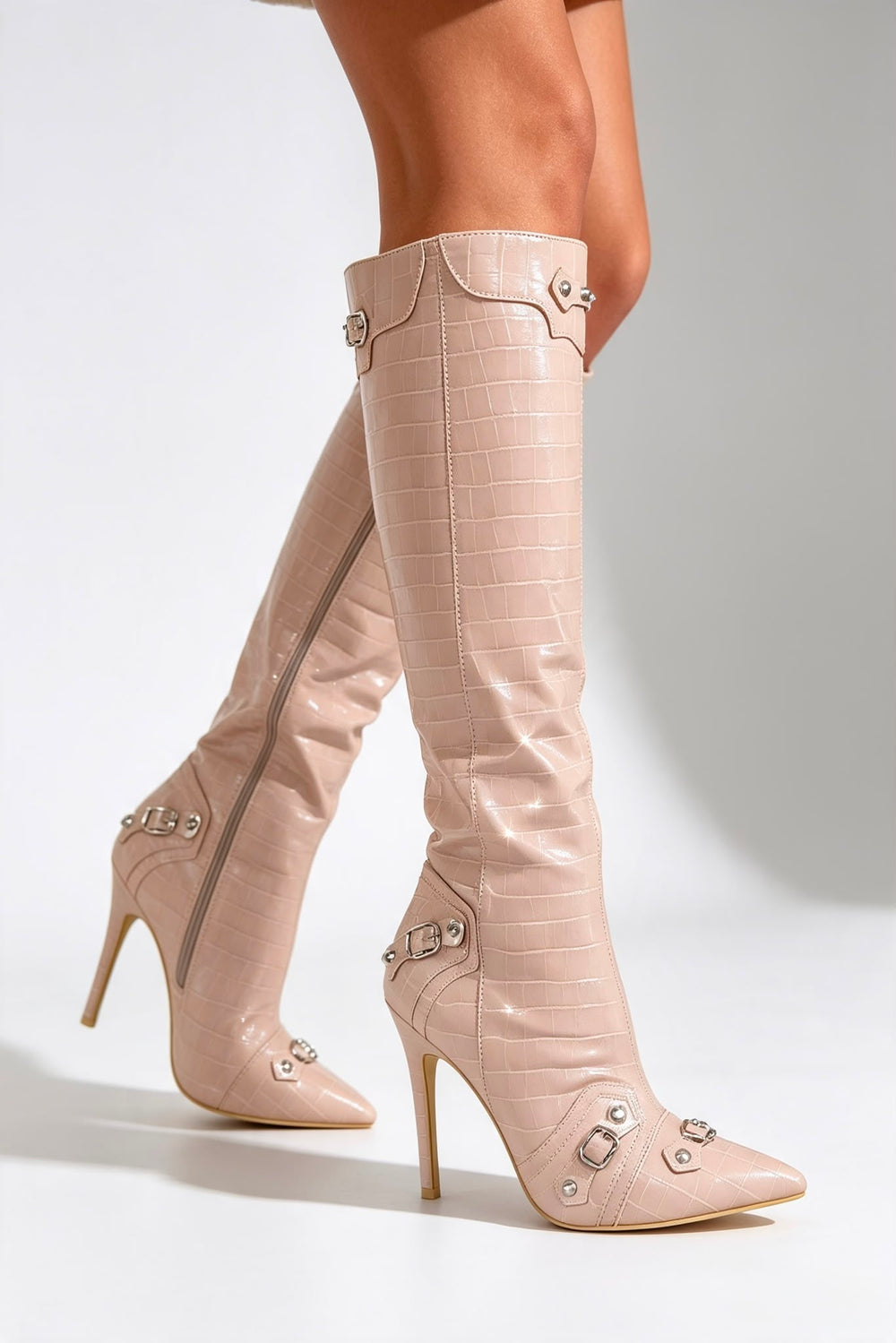Nude Croc Knee High Pointed Toe Stiletto Heel Winter Boots