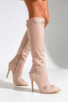Nude Croc Knee High Pointed Toe Stiletto Heel Winter Boots
