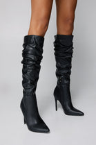 Black PU Ruched Stiletto Heel Pointed Toe Knee High Boots