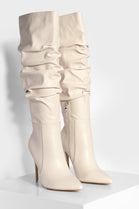 Cream PU Ruched Stiletto Heel Pointed Toe Knee High Boots