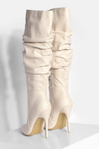 Cream PU Ruched Stiletto Heel Pointed Toe Knee High Boots