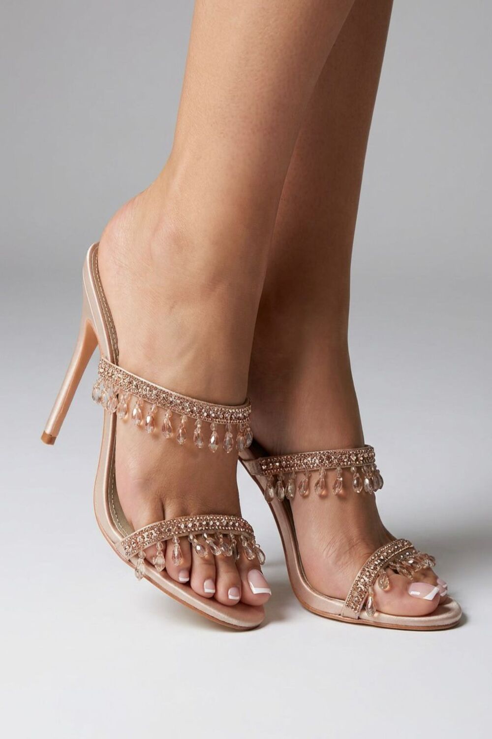 Champagne Satin Crystal-Embellished Stiletto Mules Sparkly Bridal & Party Heels