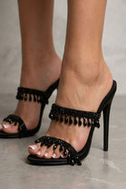 Black Satin Crystal-Embellished Stiletto Mules Sparkly Bridal & Party Heels