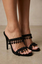 Black Satin Crystal-Embellished Stiletto Mules Sparkly Bridal & Party Heels