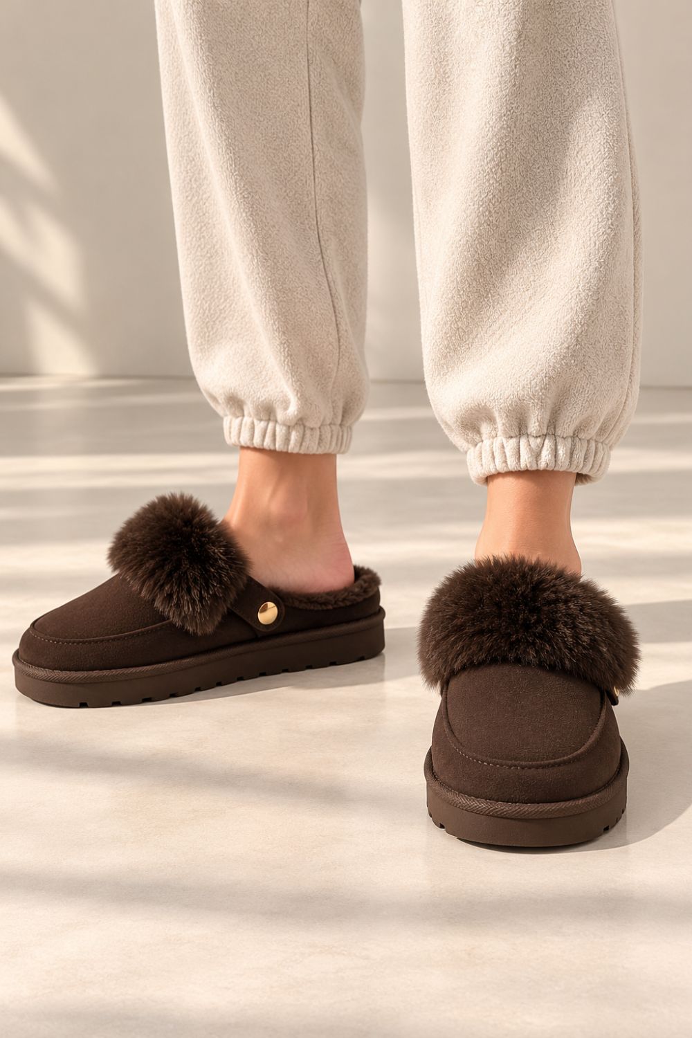 Cozy Fur Lined Mule Slippers in Brown | Wholesale