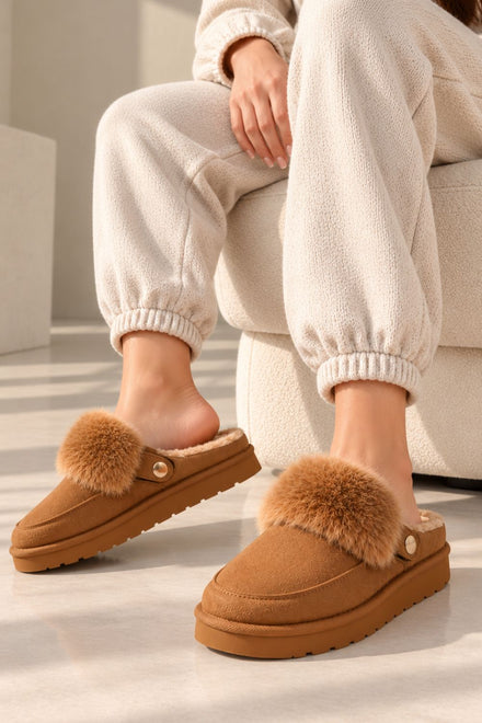 Cozy Fur Lined Mule Slippers in Camel | Wholesale