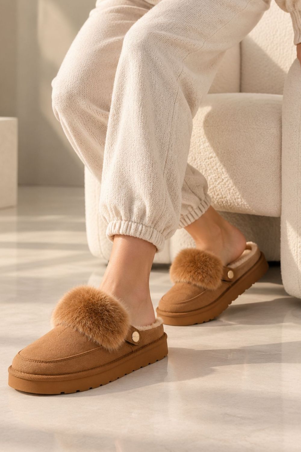 Cozy Fur Lined Mule Slippers in Khaki | Wholesale