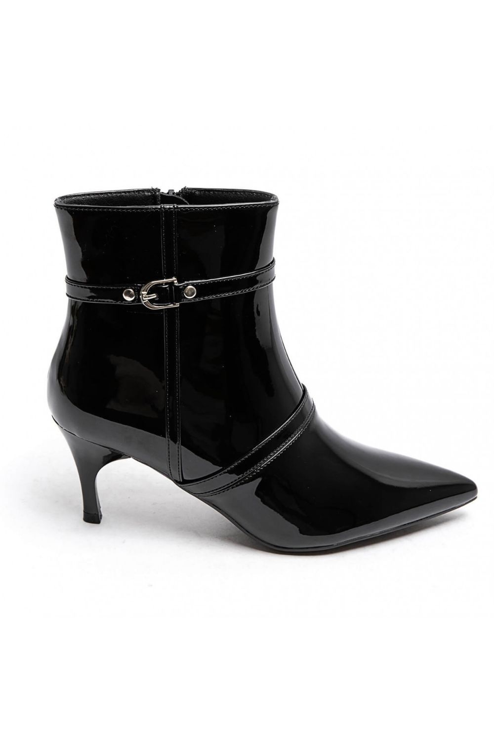 Black High Shine Buckle Detail Kitten Heel Ankle Boots | wholesale