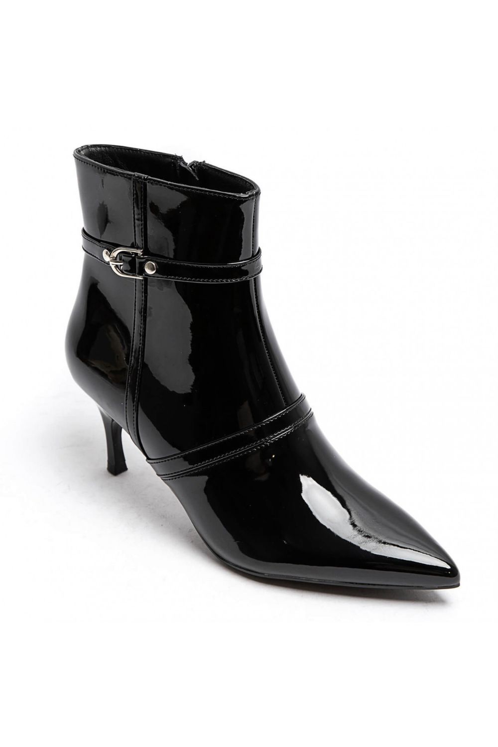 Black High Shine Buckle Detail Kitten Heel Ankle Boots | wholesale