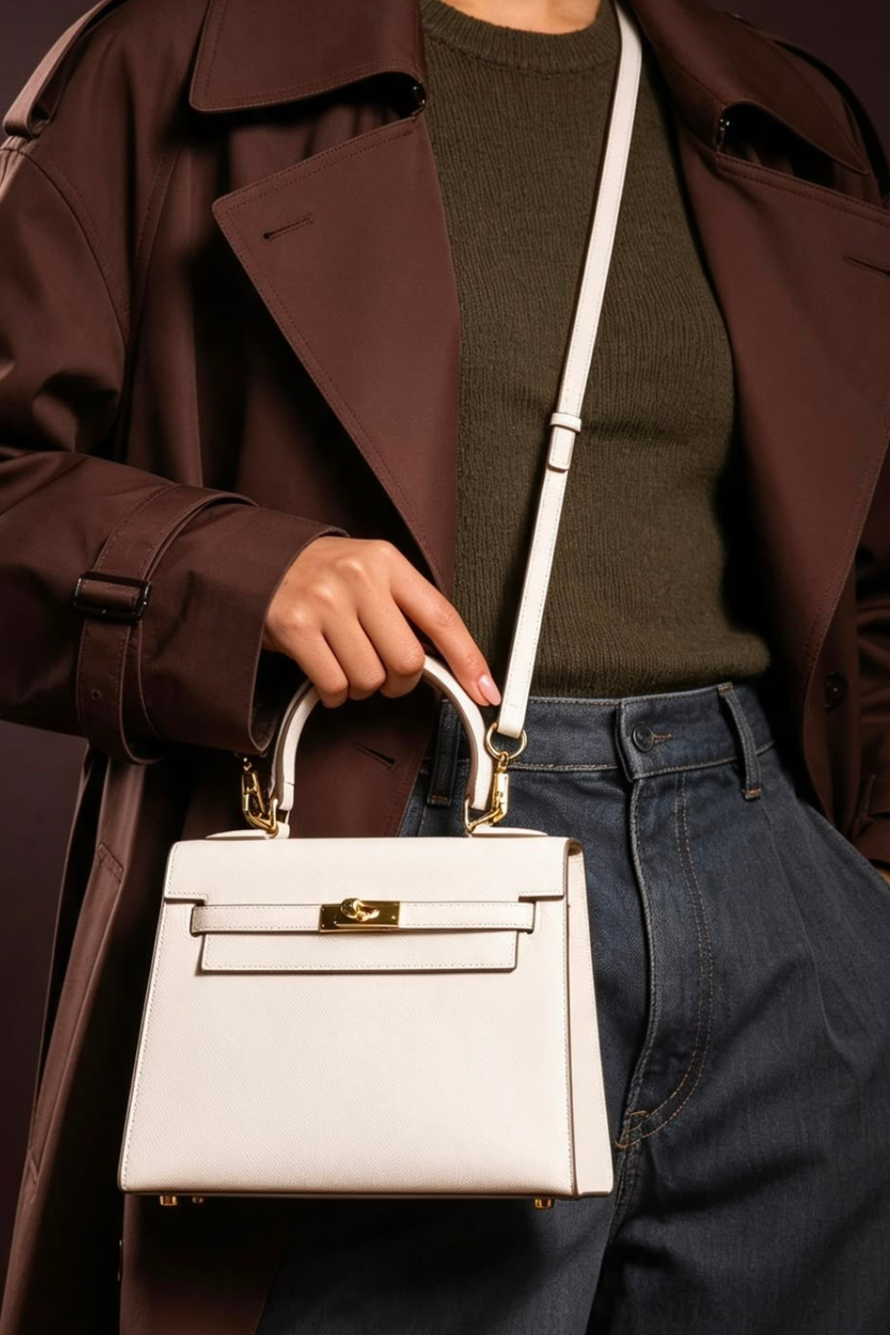 Crossbody Bag With Gold Lock in Textured Cream