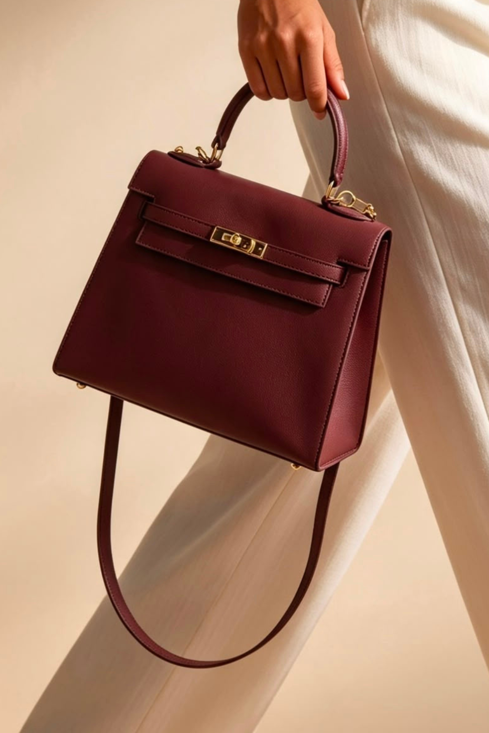 Crossbody Bag With Gold Lock in Textured Maroon