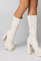 Cream PU Square Toe Block Heel Calf High Stretch Boots
