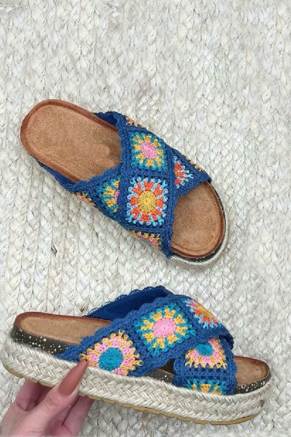 BLUE CROCHET DETAIL CROSS STRAP PRINTED SANDALS