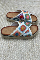 WHITE CROCHET DETAIL CROSS STRAP PRINTED SANDALS