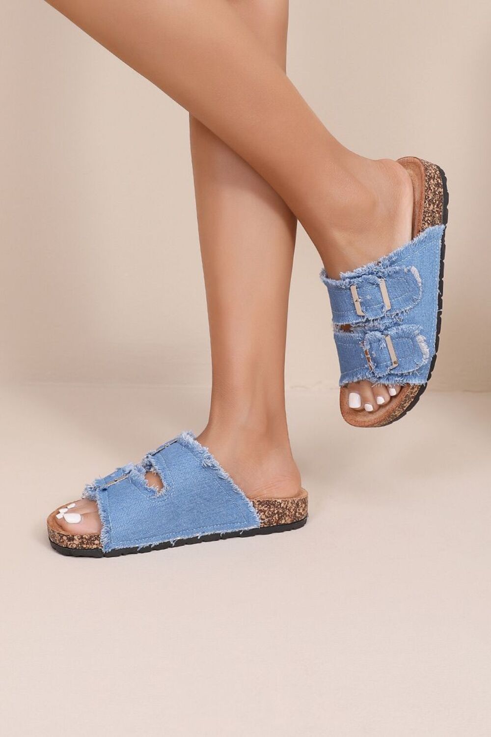 Women's Light Blue Denim Dual-Strap Cork Slides | Frayed Edge Summer Footwear