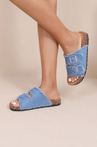 Women's Light Blue Denim Dual-Strap Cork Slides | Frayed Edge Summer Footwear