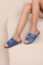 Women's Dark Blue Denim Dual-Strap Cork Slides | Frayed Edge Summer Footwear