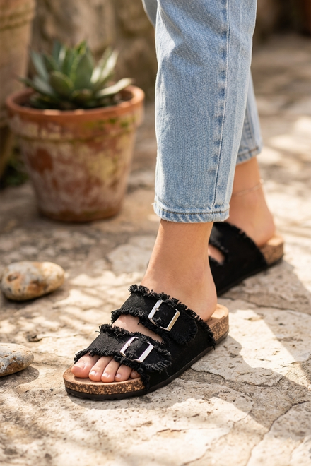 Women's Black Denim Dual-Strap Cork Slides | Frayed Edge Summer Footwear