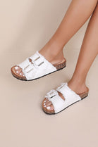 Women's White Denim Dual-Strap Cork Slides | Frayed Edge Summer Footwear
