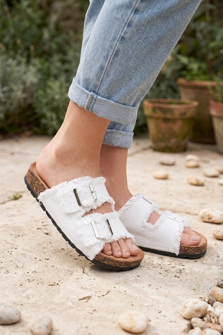 Women's White Denim Dual-Strap Cork Slides | Frayed Edge Summer Footwear