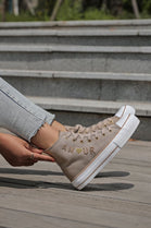 TAUPE LACE UP SIDE DETAIL FLAT HI TOP TRAINERS SNEAKERS