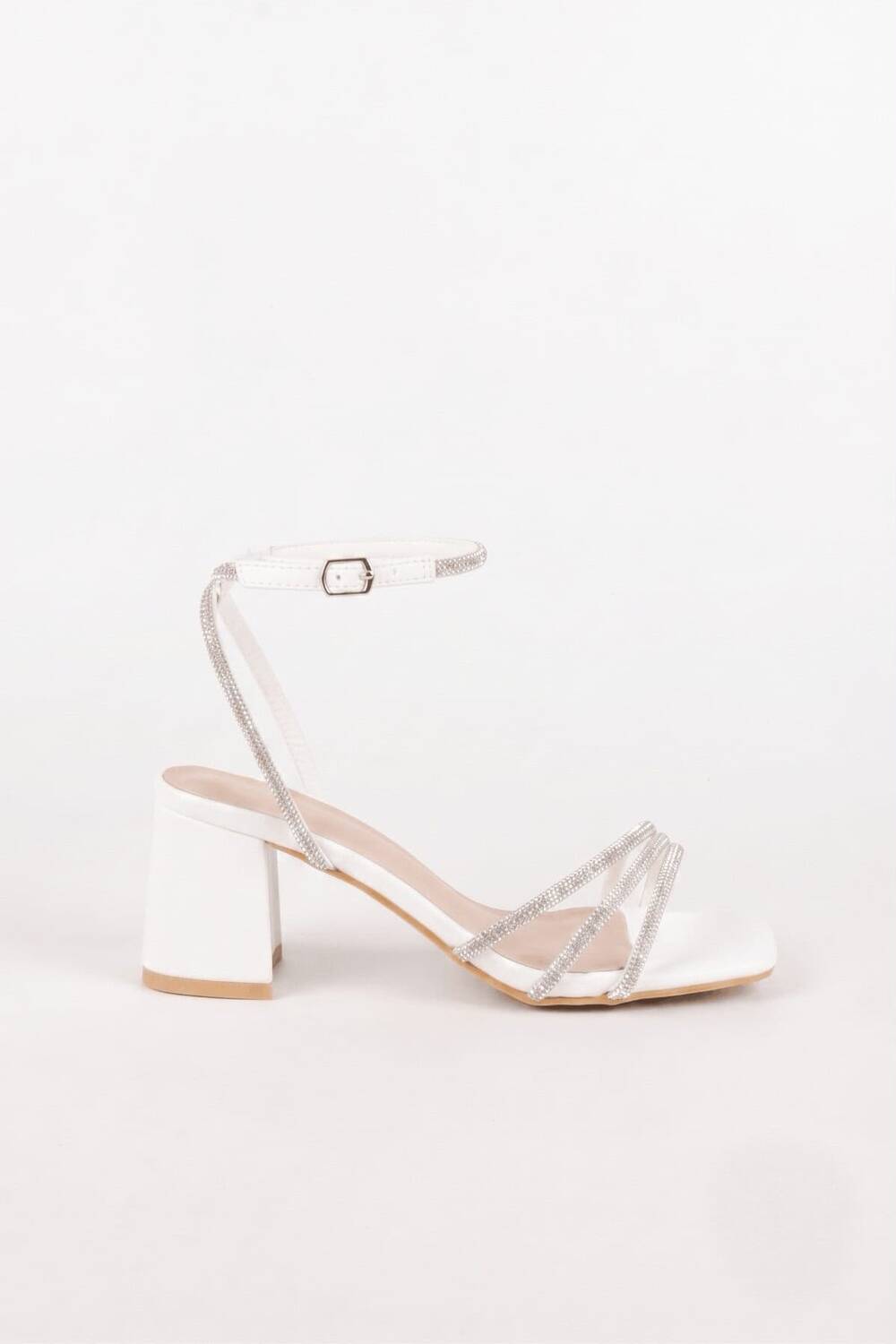 Women's White Sparkling Rhinestone Strappy Block Heel Sandals | Bridal & Evening Collection