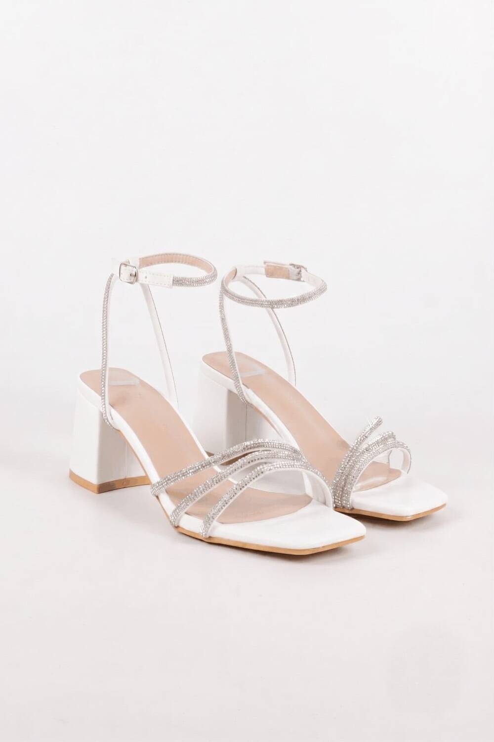 Women's White Sparkling Rhinestone Strappy Block Heel Sandals | Bridal & Evening Collection