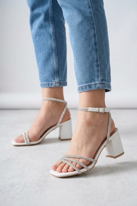 Women's White Sparkling Rhinestone Strappy Block Heel Sandals | Bridal & Evening Collection