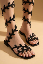 Black Leaf Embellished Gladiator Flat Summer Sandals