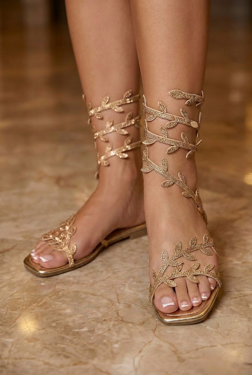 Gold Leaf Embellished Gladiator Flat Summer Sandals