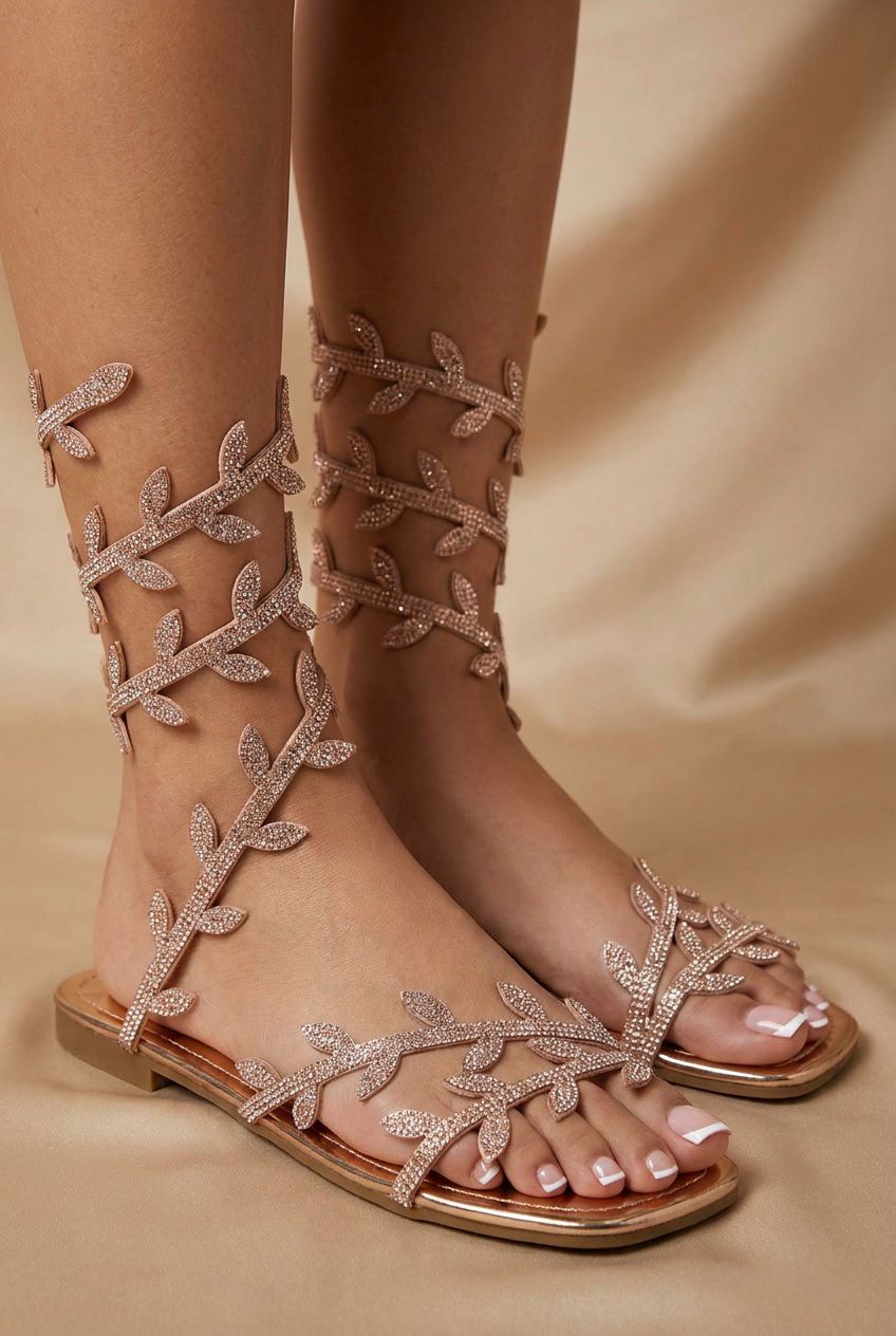 Champagne Leaf Embellished Gladiator Flat Summer Sandals