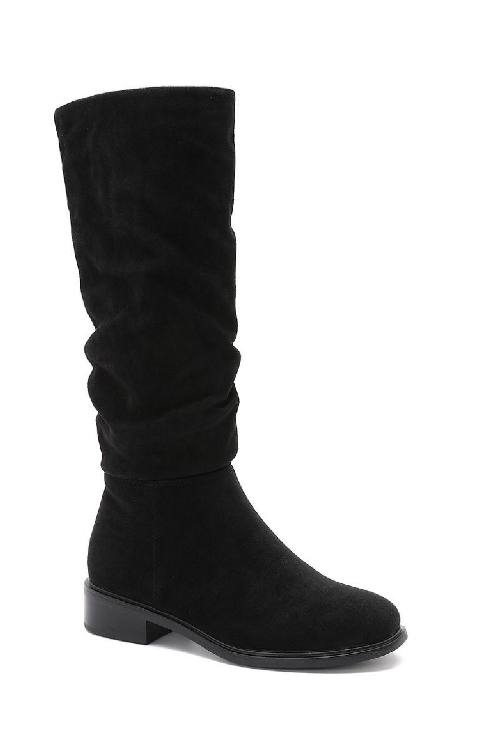 BLACK SUEDE KNEE HIGH FLAT SLOUCH BOOTS