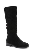 BLACK SUEDE KNEE HIGH FLAT SLOUCH BOOTS