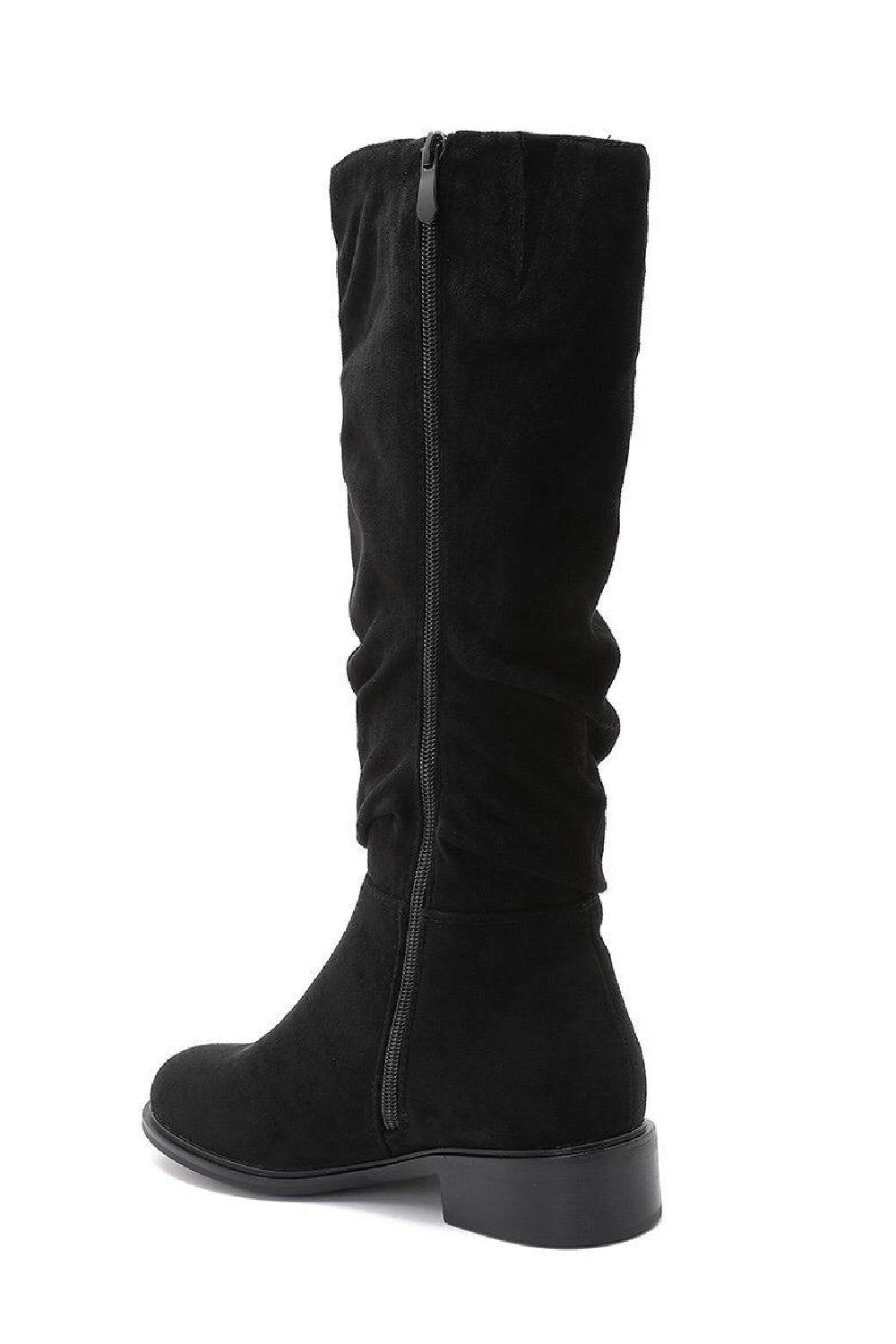 BLACK SUEDE KNEE HIGH FLAT SLOUCH BOOTS