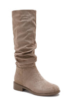 KHAKI SUEDE KNEE HIGH FLAT SLOUCH BOOTS