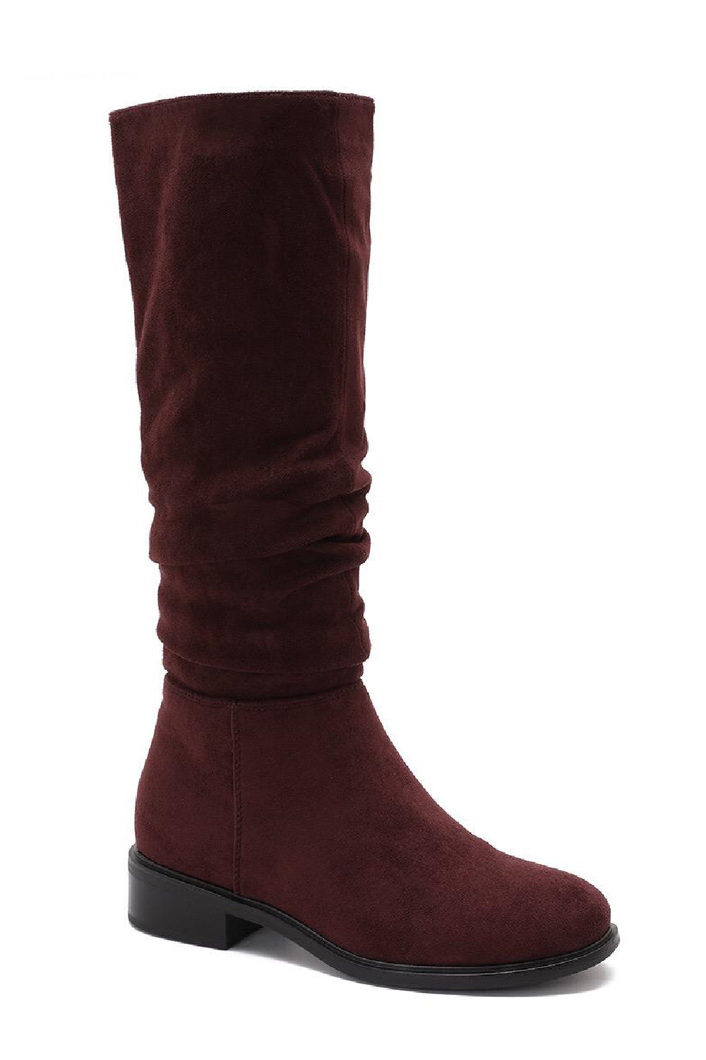 WINE SUEDE KNEE HIGH FLAT SLOUCH BOOTS