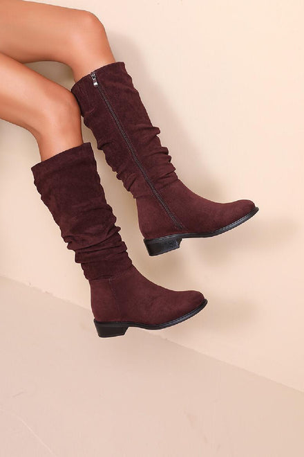 WINE SUEDE KNEE HIGH FLAT SLOUCH BOOTS