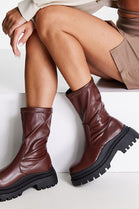 Brown PU Sock Chunky Sole Ankle Boot (UK4 - UK8)
