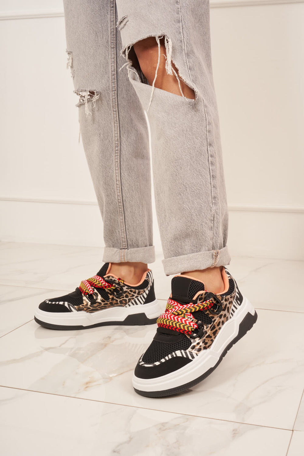 LEOPARD RIBBON DETAIL LACE UP CHUNKY FLAT TRAINERS