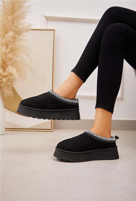 BLACK EMBROIDED FLUFFY PLATFORM SLIPPERS AZTEC DETAIL FAUX FUR LINED ANKLE BOOTS