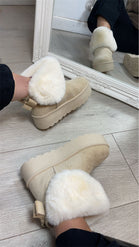 BEIGE FAUX FUR LINED CHUNKY PLATFORM BOW DETAIL FUR COLLAR ANKLE BOOTS