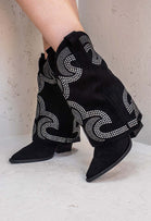 BLACK SUEDE RHINESTONE SIDE DESIGN BLOCK HEEL COWBOY COWGIRL SHARK WESTERN BOOTS