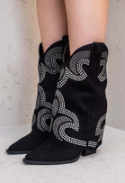 BLACK SUEDE RHINESTONE SIDE DESIGN BLOCK HEEL COWBOY COWGIRL SHARK WESTERN BOOTS