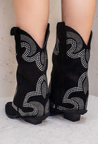 BLACK SUEDE RHINESTONE SIDE DESIGN BLOCK HEEL COWBOY COWGIRL SHARK WESTERN BOOTS