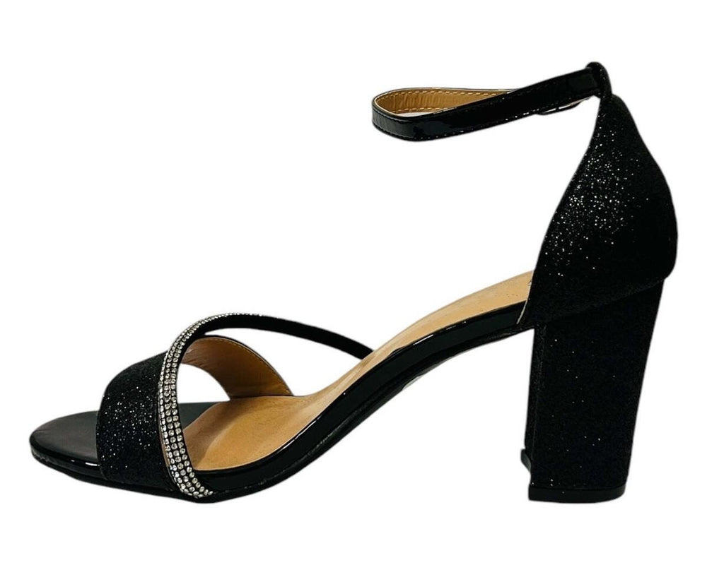 BLACK GLITTER BLOCK HEEL DIAMANTE DETAIL PARTY SANDALS