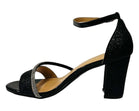 BLACK GLITTER BLOCK HEEL DIAMANTE DETAIL PARTY SANDALS