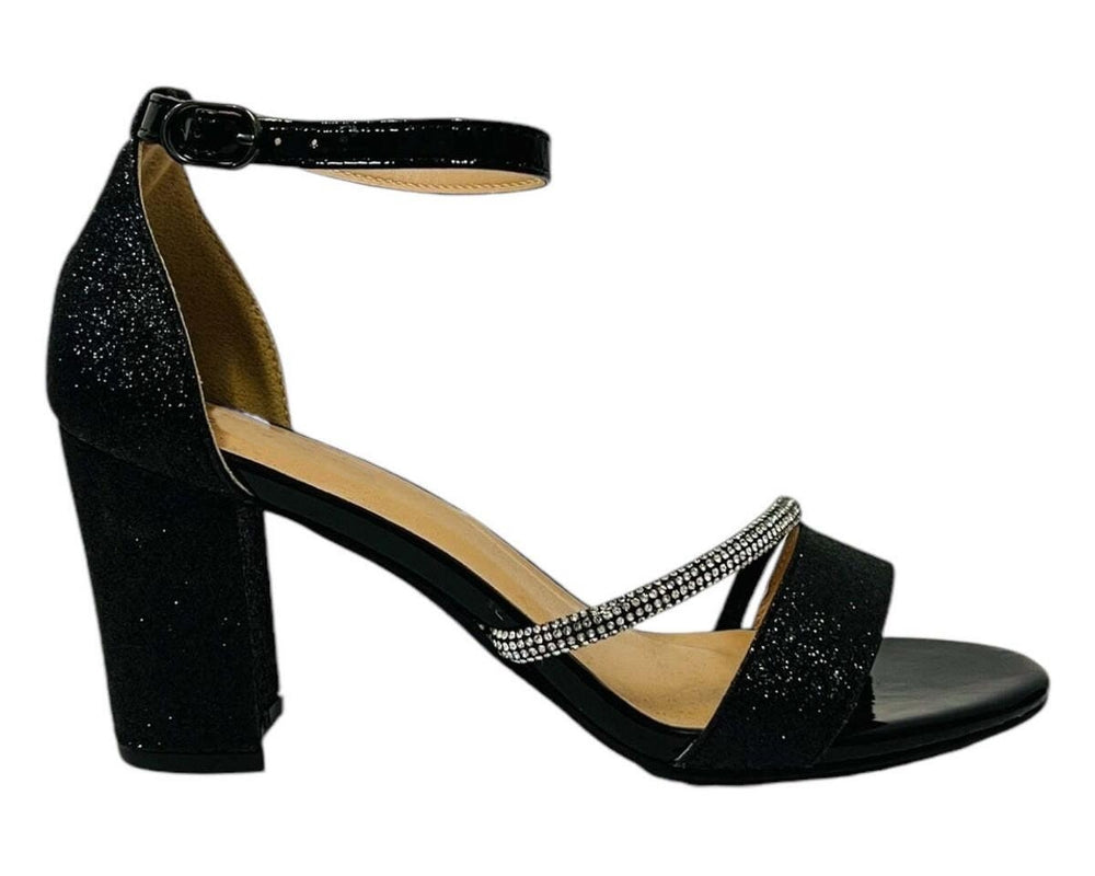 BLACK GLITTER BLOCK HEEL DIAMANTE DETAIL PARTY SANDALS