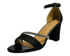BLACK GLITTER BLOCK HEEL DIAMANTE DETAIL PARTY SANDALS